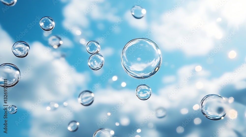 Poster close up of transparent soap bubbles floating in a bright blue sky with clouds : generative ai