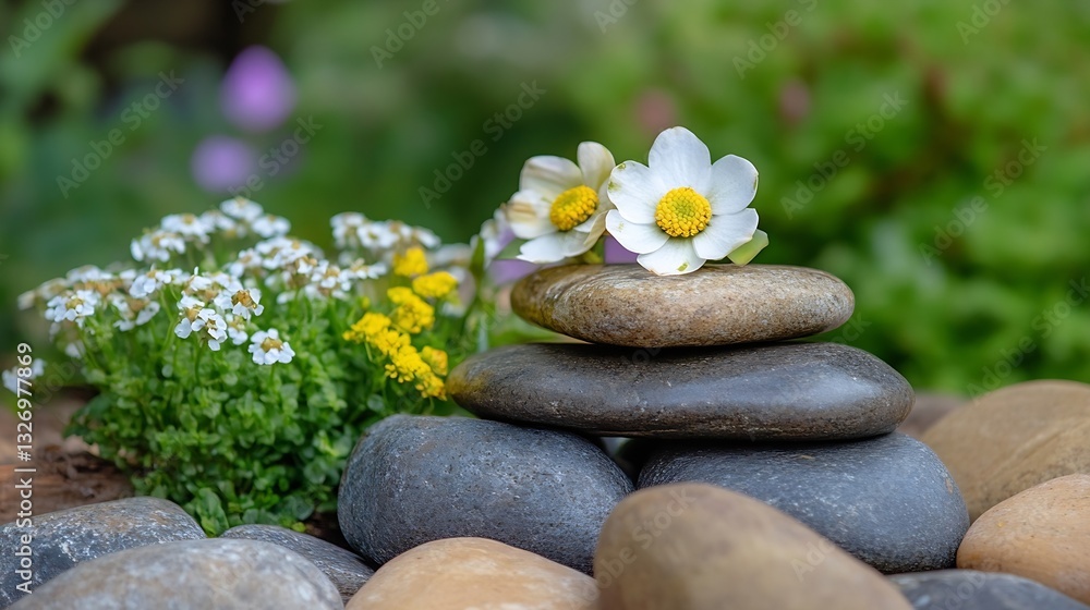 Poster beautifully arranged stones and flowers creating a peaceful layout in a garden or natural setting : 