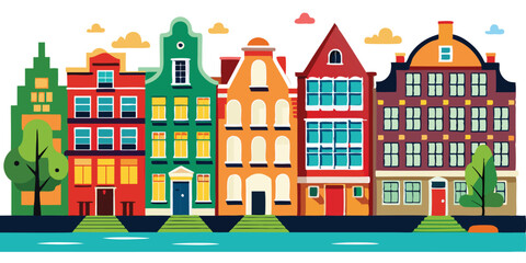 Colorful and bright Amsterdam, dutch city s houses set on white background