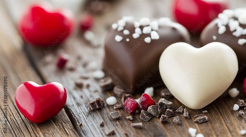 Poster delicious assortment of heart shaped chocolates on rustic wood surface perfect for gifting : generat