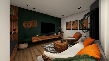 Open industrial Japandi living room with a floating wooden media console, warm ochre pillows, and a deep green accent wall, highlighting natural textures and minimalism