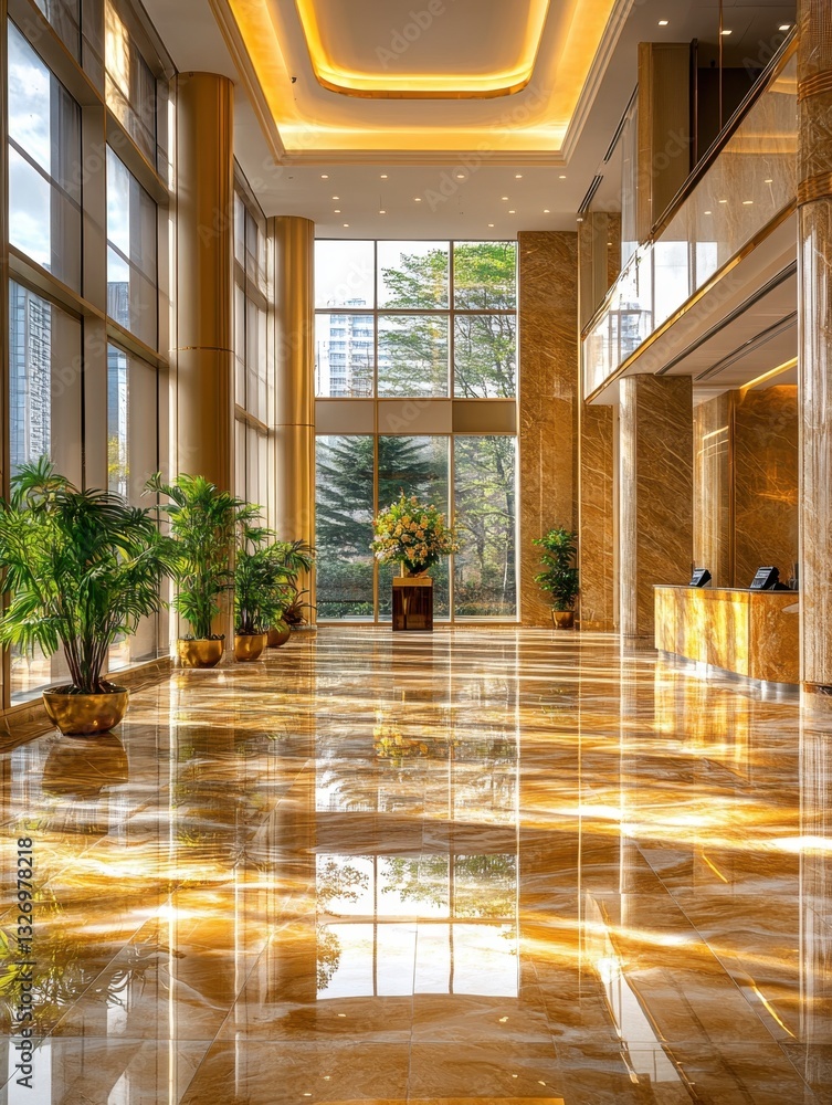 Poster opulent hotel lobby with marble floor reflecting light from large windows and golden pillars creatin