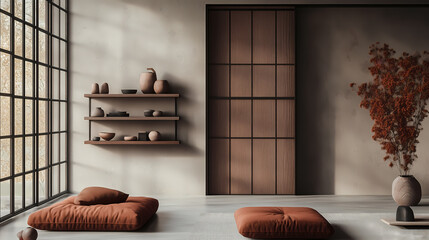 Relaxing industrial Japandi living room with a large wooden sliding door, rust-colored cushions, and a minimalist wall shelf displaying earthy ceramics