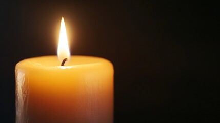 Brightly lit candle glowing softly in darkness symbolizing peace and tranquility in living space : Generative AI