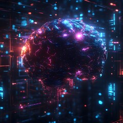 Obraz premium Digital Brain: Futuristic, glowing brain composed of interconnected circuits and data streams, symbolizing artificial intelligence and technological advancements.