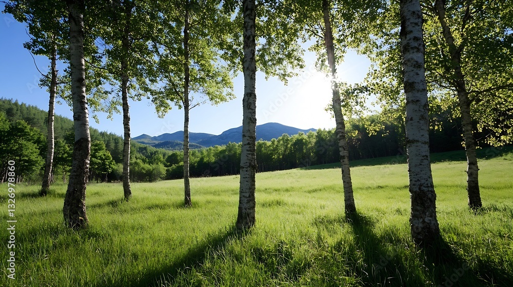 Aufkleber Stunning view of sunlight filtering through birch trees in a vibrant green field with mountains : Generative AI