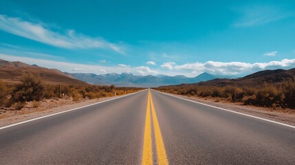 Naklejka premium Long stretch of empty road leading toward mountains under a vibrant blue sky : Generative AI