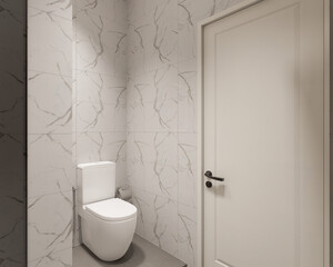 3D Render Modern minimalist white bathroom interior with shower, toilet, washbasin and mirror.