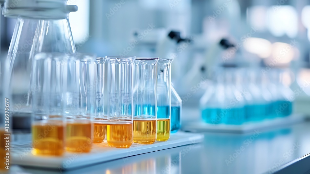 Poster Laboratory glassware filled with colorful liquids demonstrating scientific experimentation and research in a modern lab : Generative AI
