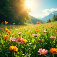 Fototapeta premium Sun-drenched meadow, vibrant wildflowers blooming , environment, landscape