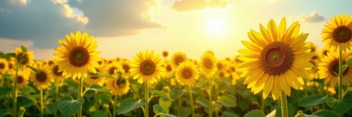 Obraz premium Sun-drenched sunflower field, dazzling summer day Tall stems sway gently , sunlight, agriculture, landscape