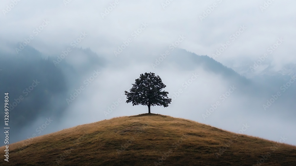 Poster misty hillscape featuring a solitary tree against a backdrop of foggy mountains : generative ai