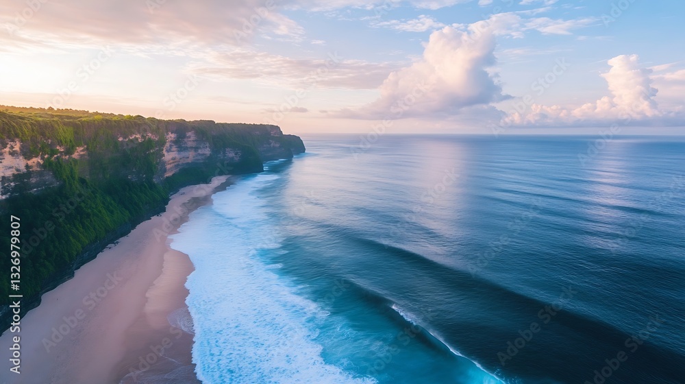 Poster stunning coastal view of tranquil waves crashing on a sandy beach at sunset : generative ai