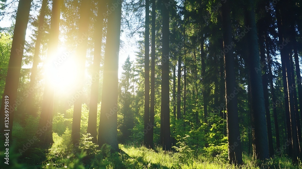 Poster Bright sunlight filtering through tall trees in a lush green forest creating a tranquil and magical atmosphere : Generative AI