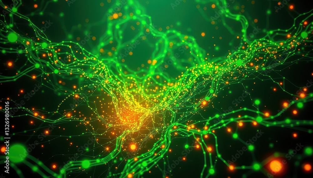 Poster abstract glowing network of interconnected nodes and lines in vibrant green and orange colors, showc