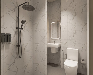3D Render Modern minimalist white bathroom interior with shower, toilet, washbasin and mirror.