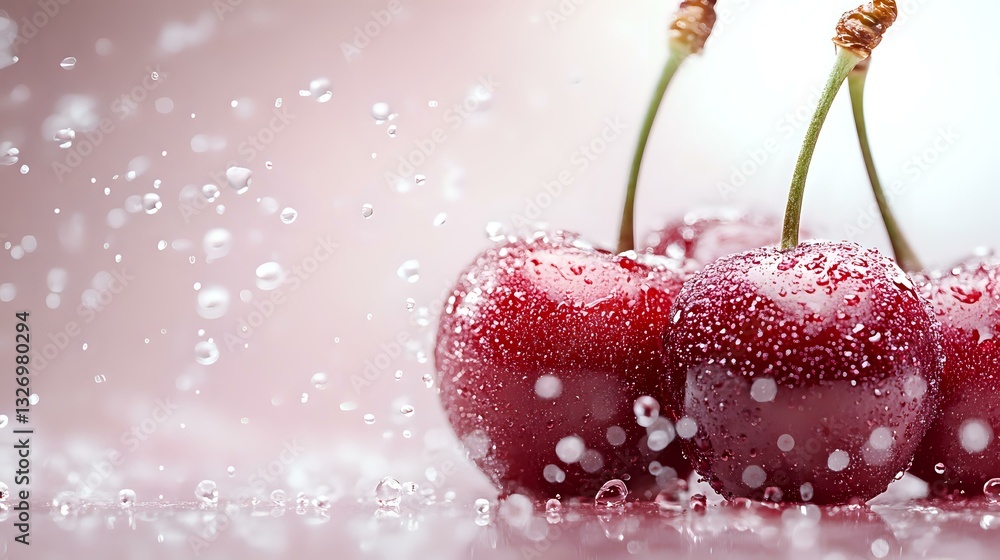 Poster fresh ripe red cherries with water drops and splashes on light background, macro shot with selective