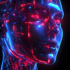 Cybernetic Vision: A mesmerizing futuristic portrait of a female cyborg, its face and form sculpted from sleek, glowing circuitry, bathed in electric blue and crimson light.