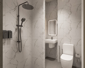 3D Render Modern minimalist white bathroom interior with shower, toilet, washbasin and mirror.