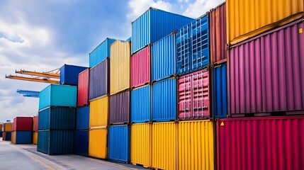 Fototapeta premium Colorful shipping containers stacked at a bustling port against a cloudy sky : Generative AI