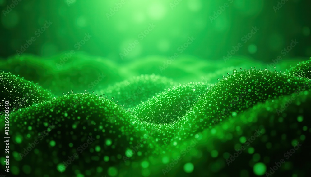 Poster lush green waves with dew drops glimmering in soft light, creating an ethereal and enchanting depth 