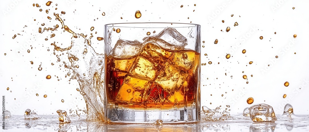 Poster refreshing whiskey drink with ice cubes splashing in a clear glass against a bright white background