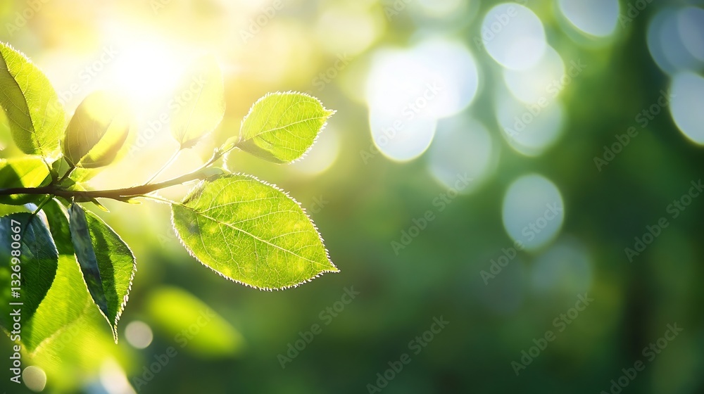 Poster beautiful closeup of fresh green leaves with sunlight and bokeh background : generative ai