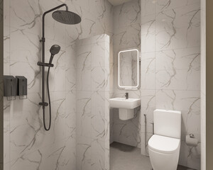 3D Render Modern minimalist white bathroom interior with shower, toilet, washbasin and mirror.