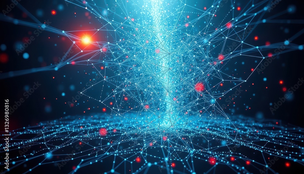 Poster abstract digital network connections with glowing particles and lines in a deep blue space, represen