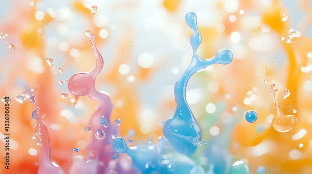 Poster colorful liquid drops and splashes in orange and blue tones creating abstract dynamic composition wi