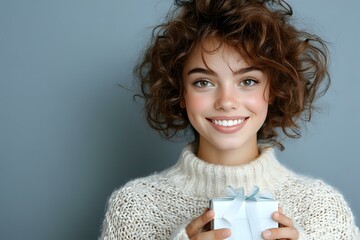 Young woman with curly brown hair wearing white knit sweater holds gift box with blue ribbon, expressing genuine joy with bright smile against blue background.