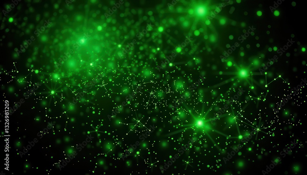 Poster abstract green glowing particles in dark space with sparkling effects suitable for backgrounds, tech