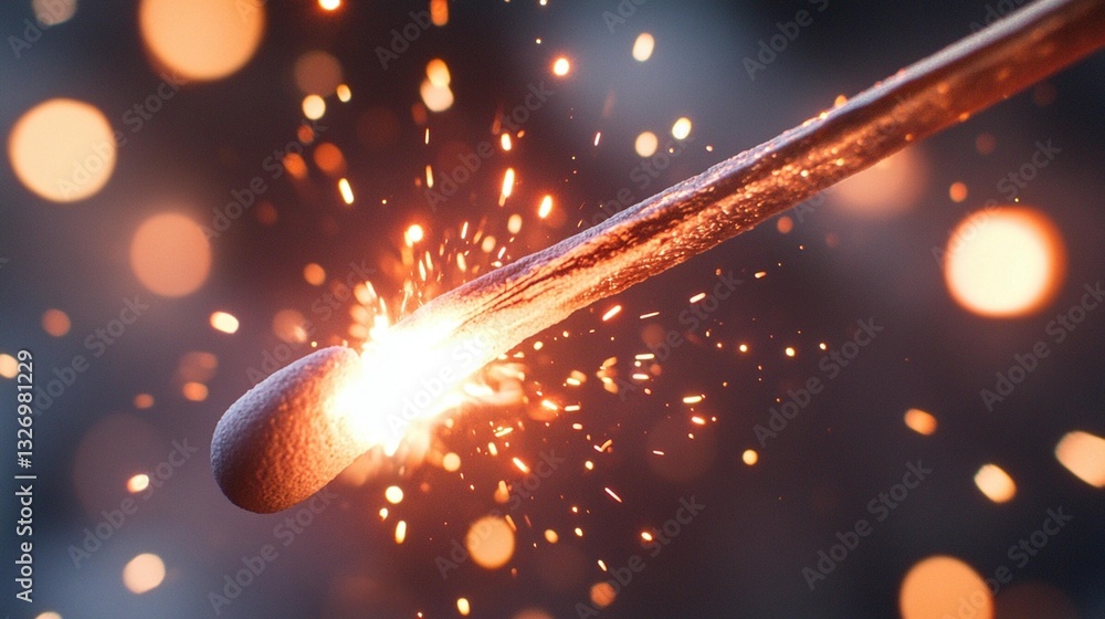 Poster close-up of a lit matchstick with sparks and bokeh background.