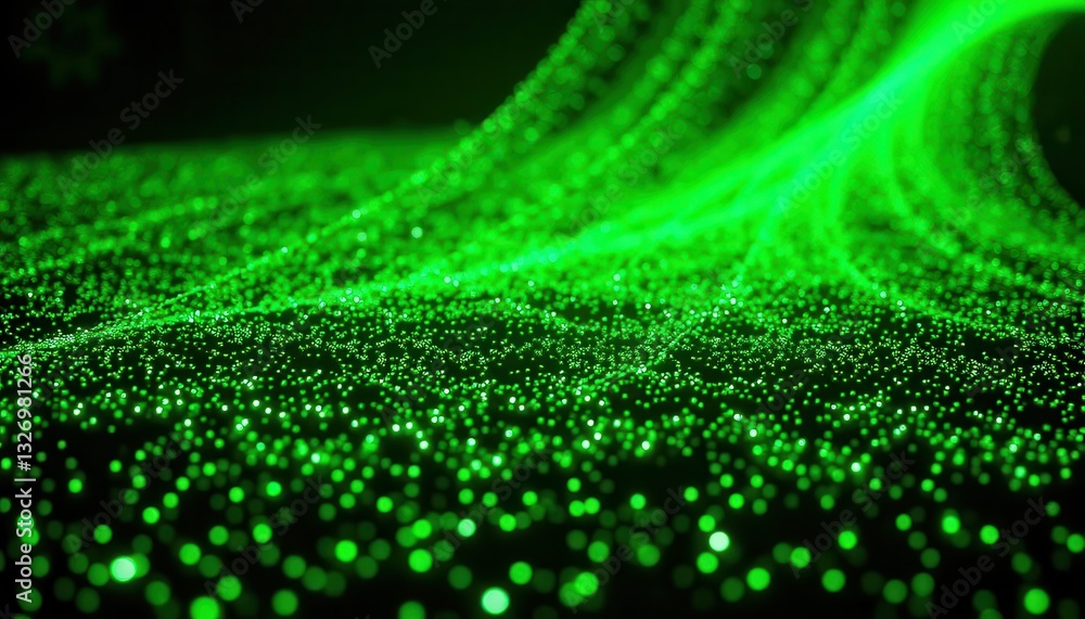 Poster abstract green light waves creating sparkling effects on dark background in modern digital art style