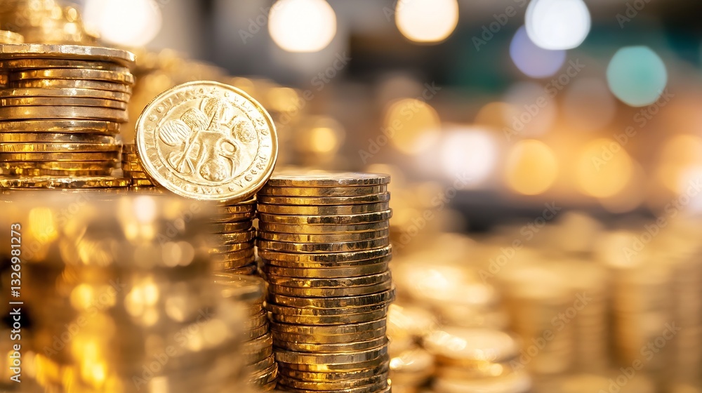 Poster stack of gleaming gold coins with bokeh background illustrating wealth prosperity and financial succ