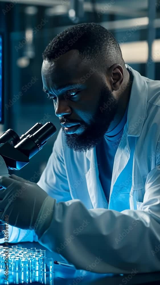 Poster researcher examines samples with microscope in high-tech laboratory environment during evening hours