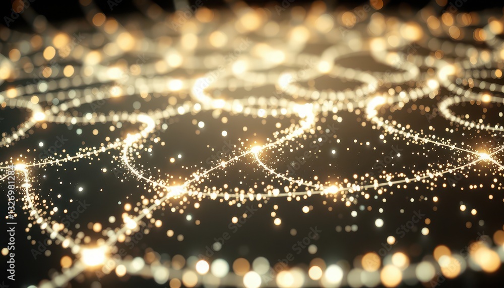 Poster abstract background with glowing golden particles forming intricate patterns resembling a digital ne