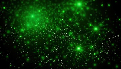 Fototapeta premium Abstract green glowing particles in dark space with sparkling effects suitable for backgrounds, technology themes, and creative designs