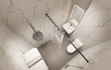 3D Render Modern minimalist white bathroom interior with shower, toilet, washbasin and mirror.