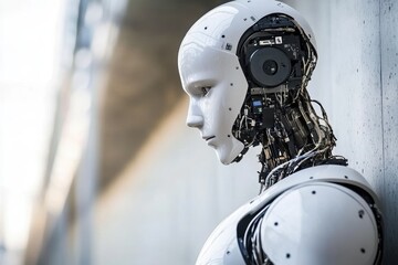 Fototapeta premium Humanoid AI Assistant in a Modern Business Environment with Futuristic Design