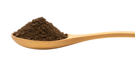 Dark Brown Cocoa Powder in Wooden Spoon Isolated Black Background hot food rich fine drink sweet    
