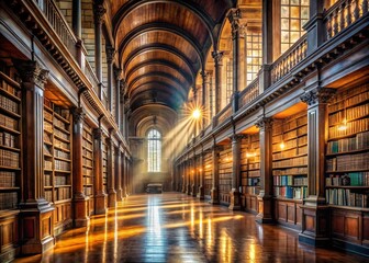 Naklejka premium Grand Library Interior: Long Exposure of Book-Lined Shelves