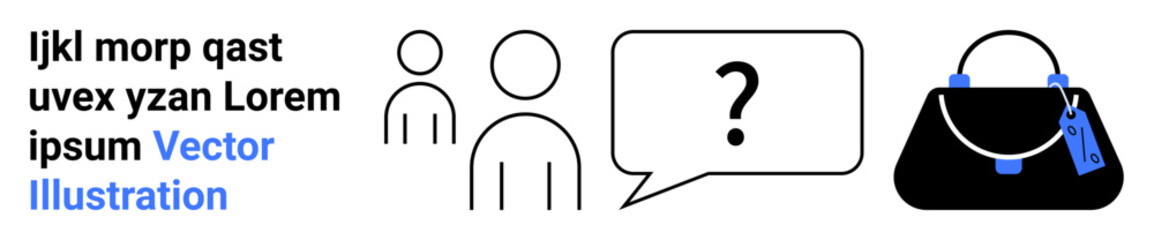 Two minimalistic figures near a speech bubble with a question mark, alongside a luxury handbag with a price tag. Ideal for communication, discussion, shopping, decision-making, retail, branding