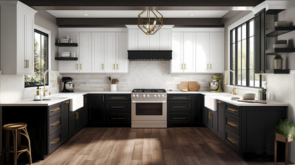 Fototapeta premium Scandinavian farmhouse kitchen with white brick walls, dark wood accents, and a cozy breakfast bar with a view of the morning sun