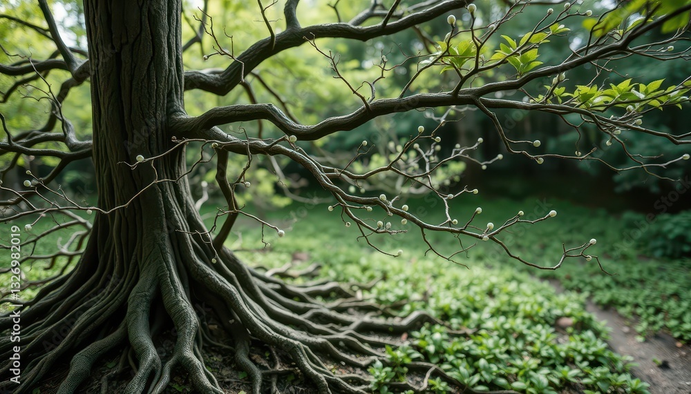 Poster majestic tree with intricate roots and delicate branches in a lush natural setting surrounded by gre