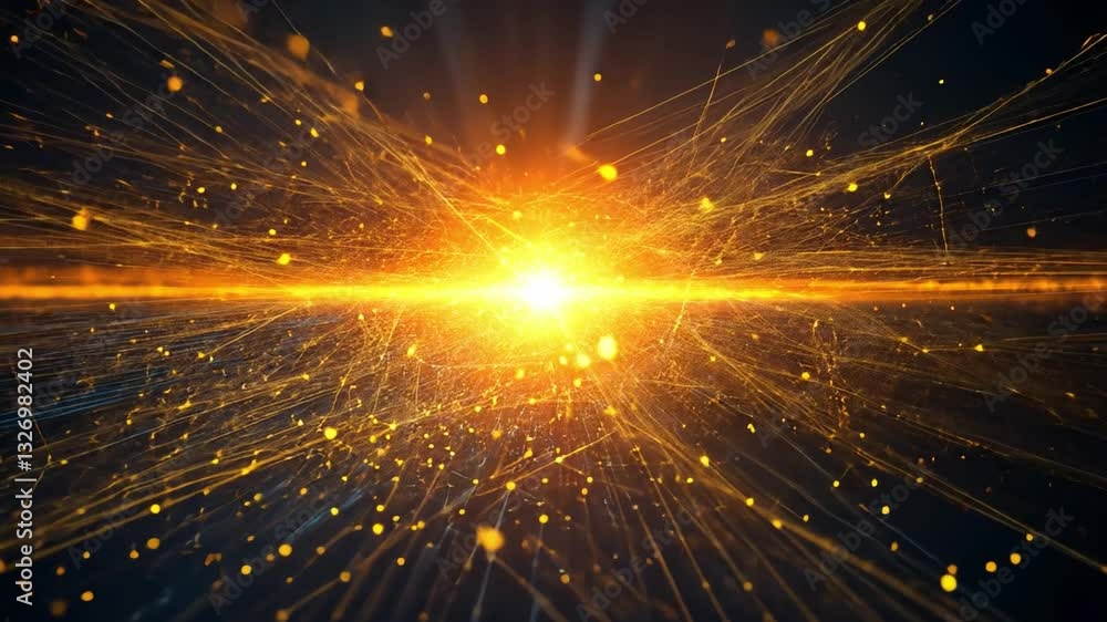 Poster dynamic abstract explosion of light vibrant golden particles in motion, creating energetic visual en