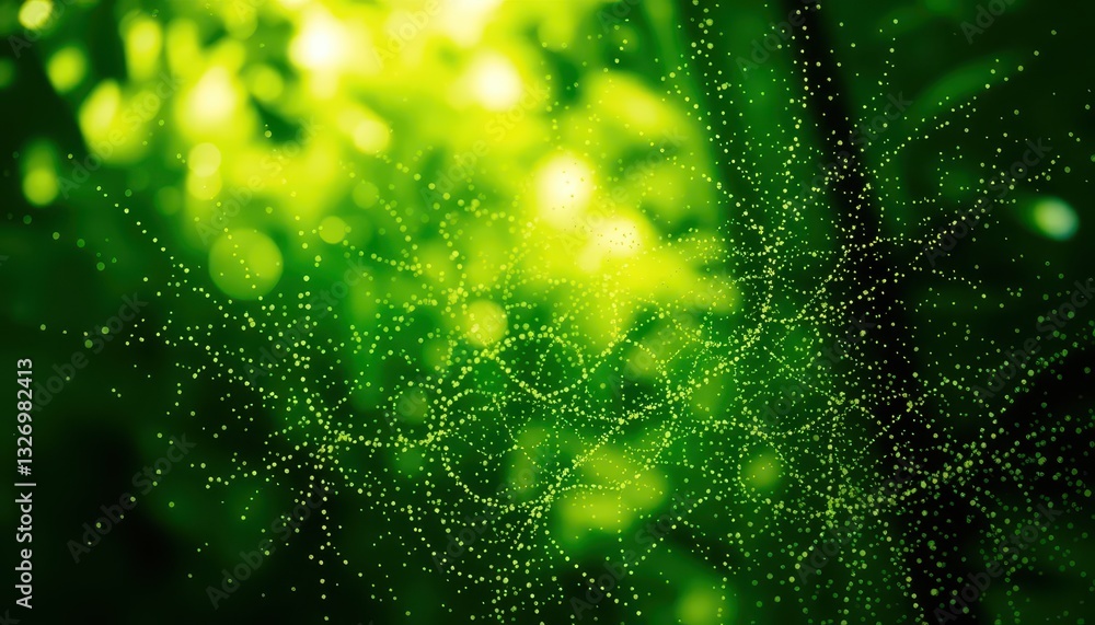 Poster macro view of dew drops on spider web in lush green garden with soft focus creating calming and sere