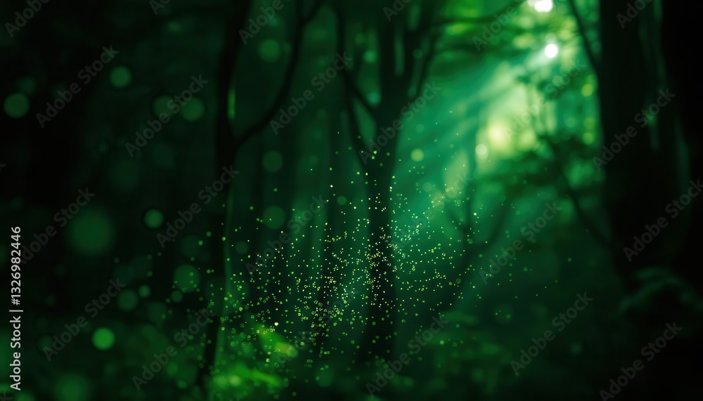 Poster ethereal green forest scene with soft light shining through trees, creating a magical atmosphere of 