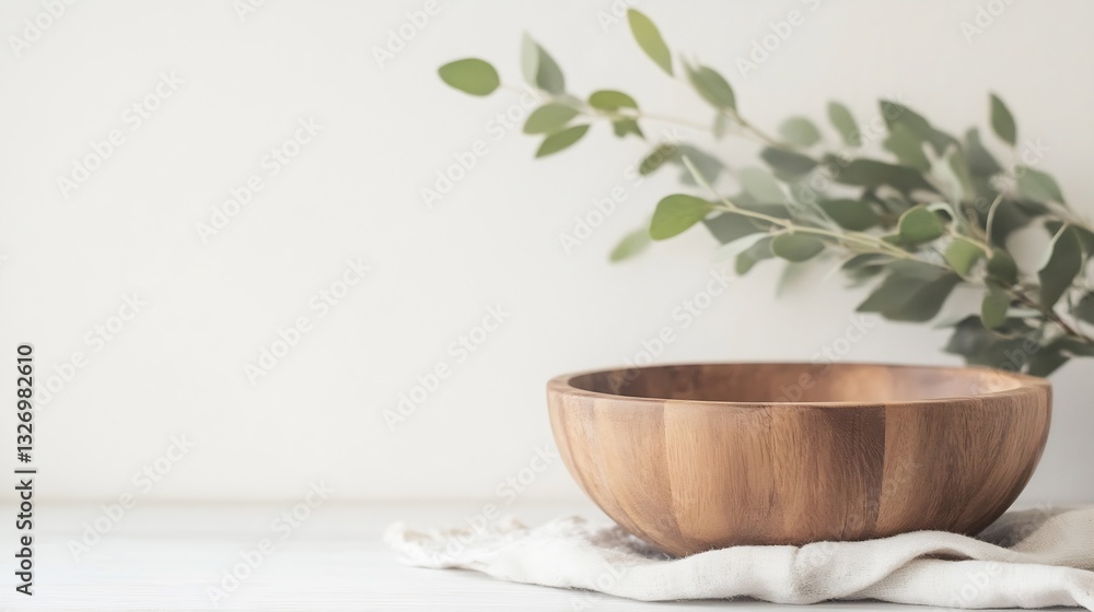Poster elegant wooden bowl placed on a clean table with minimalistic green foliage in soft sunlight : gener