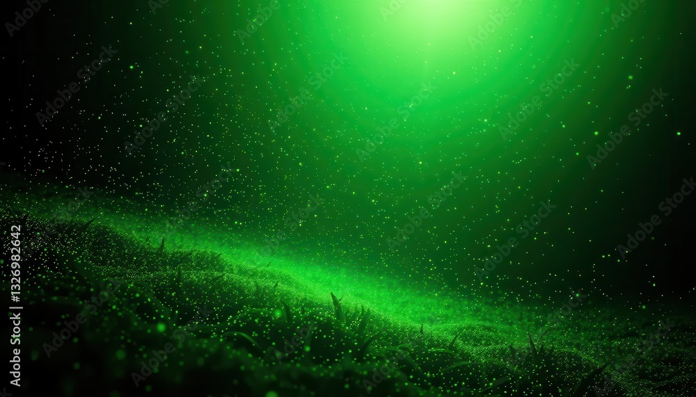 Poster ethereal green underwater scene with particles, light rays, and subtle texture of ocean floor creati